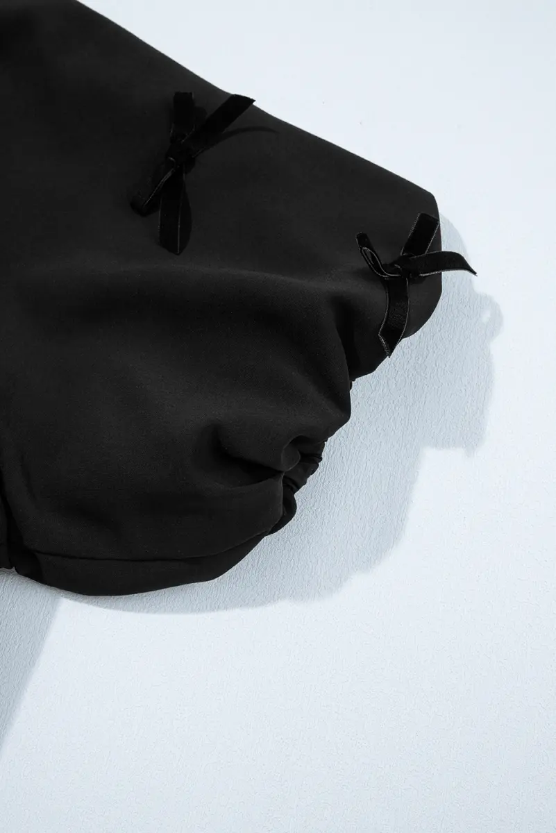 Black Bow Decor Puff Sleeve Split Neck Blouse for Women - Love Salve